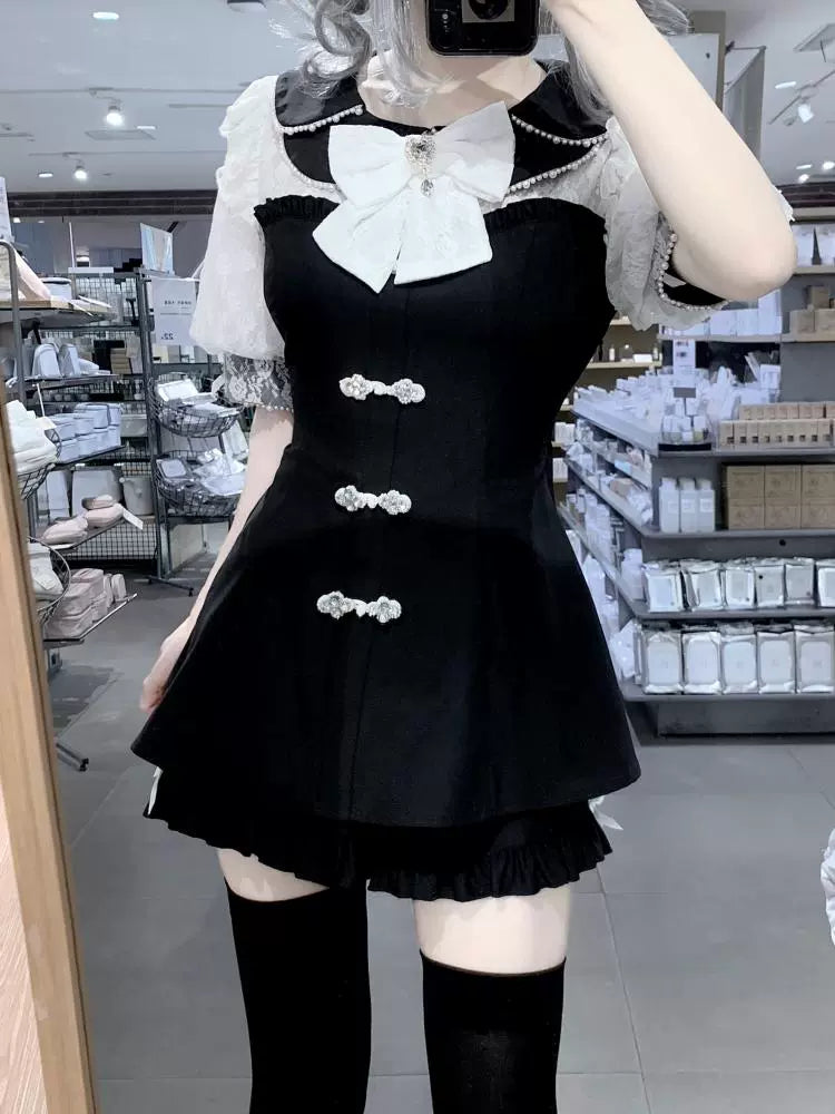 Jirai Kei Set Up Petal Collar Dress Chinese Style Outfit (L M S XL / Black) 37120:551920