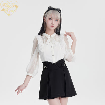 White Pink Jirai Kei Blouse Sheer Lace Shirt with Rhinestone (L M S XL XXL) 32914:403868