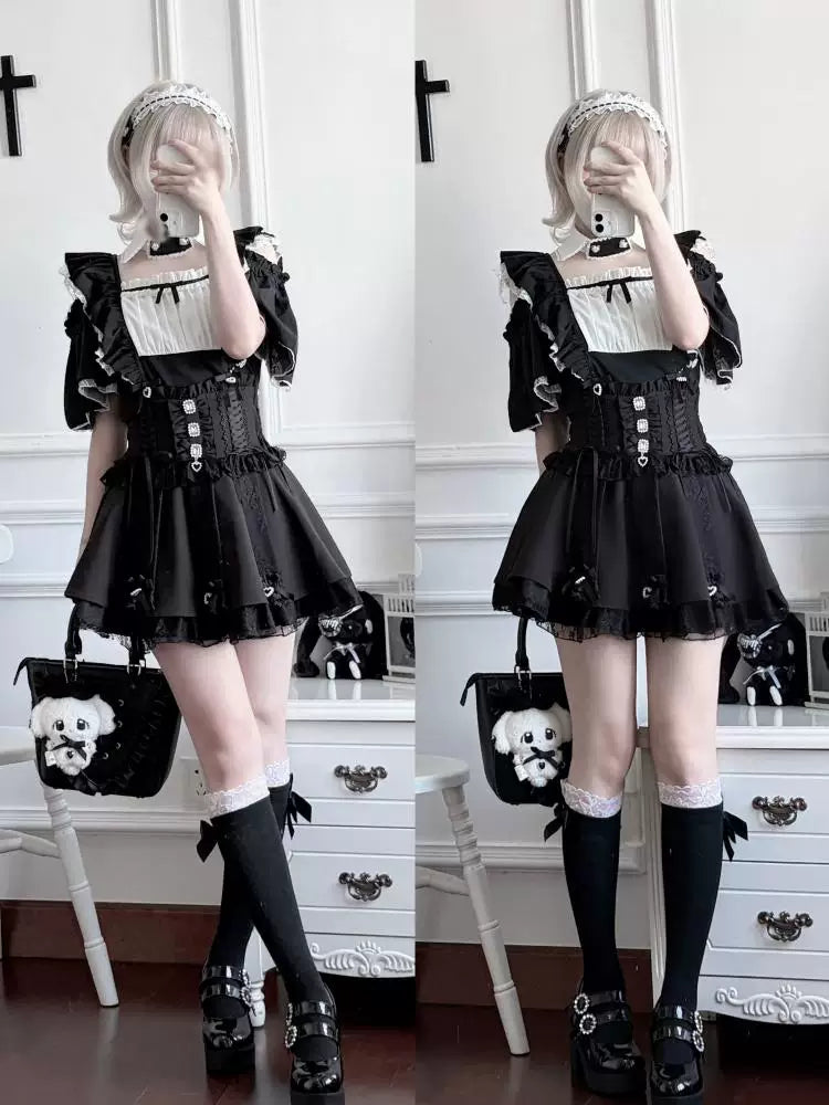 Jirai Kei High Waist Skirt, Lace Ruffle & Rhinestone 45843:865670