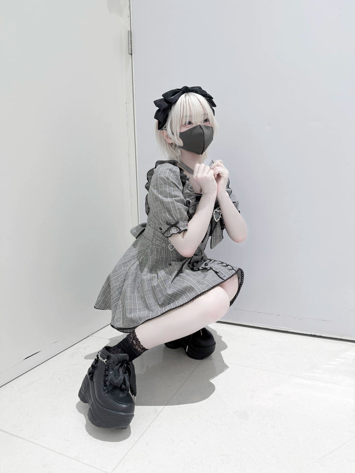 Plaid Jirai Kei Dress Set, Halter Neck, High Waist 43555:779696