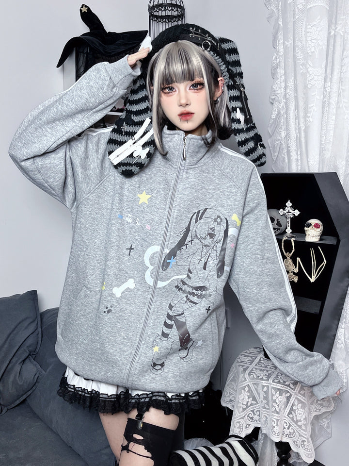 Plus Size Kawaii Jacket Grey Stand Collar Hoodie 35340:489208 35340:489208