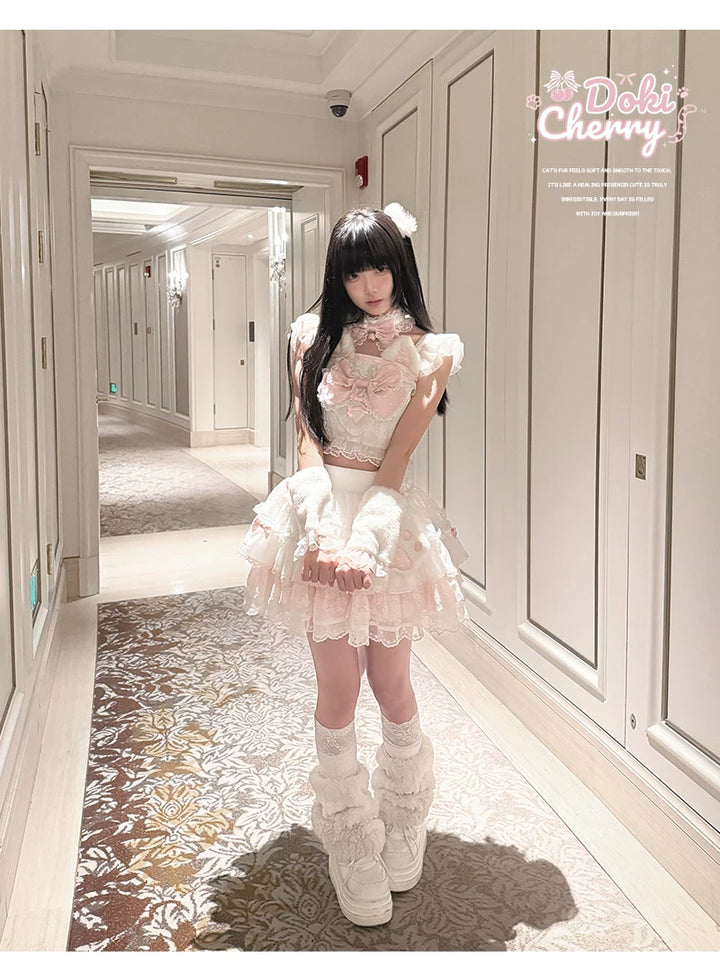 Kawaii Lolita Tiered Skirt Set, Cat Ears & Polka Dot Bow 44958:837098