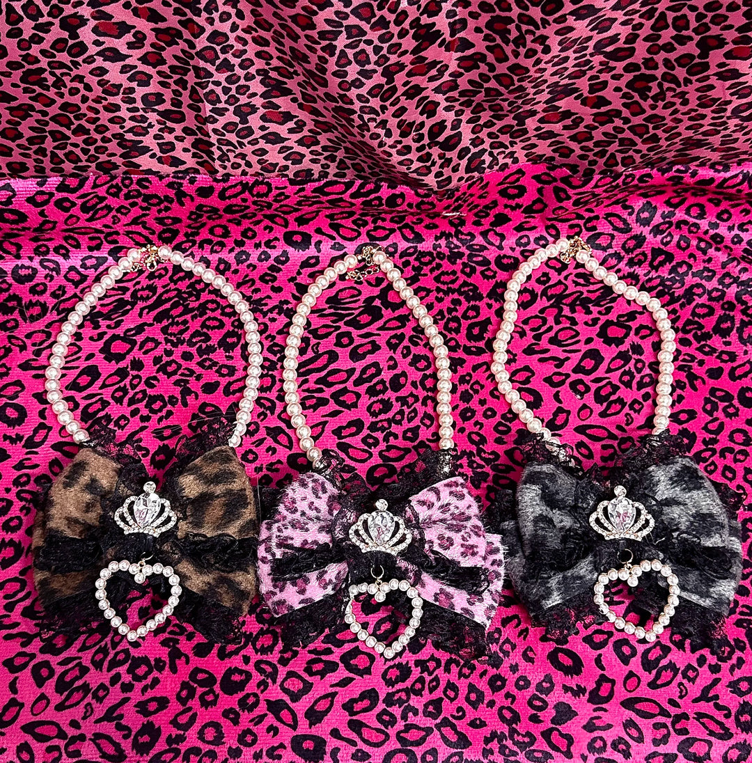 Gyaru Leopard Pearl Necklace, Crown and Heart Rhinestone 45563:852827