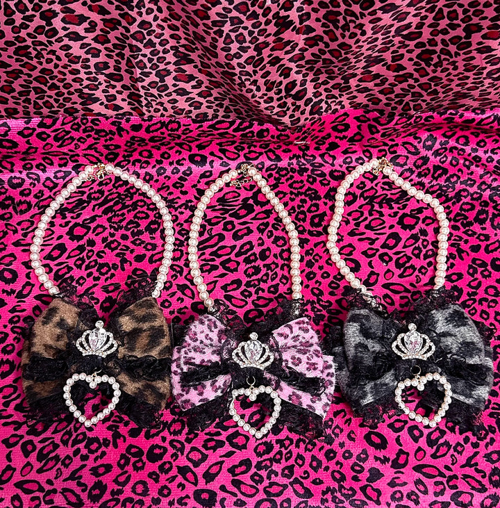Gyaru Leopard Pearl Necklace, Crown and Heart Rhinestone 45563:852827