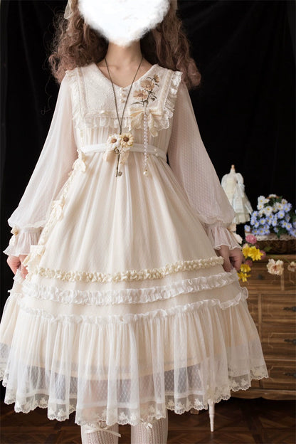 Sunflower Daily Lolita Dress Mori Kei Dress Long Sleeve Dress 36478:552272