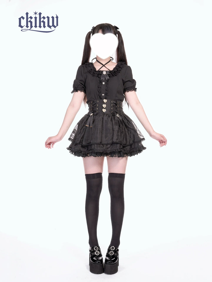 High-Waist Ryousangata Skirt, Tiered Ruffles 43612:780893
