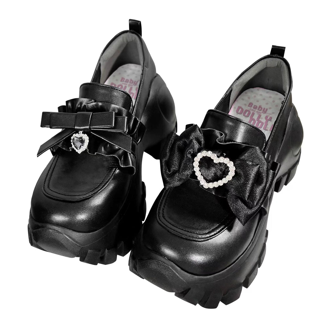 JK Uniform Pink Black Platform Shoes With Bow Ties 21892:331912 21892:331912