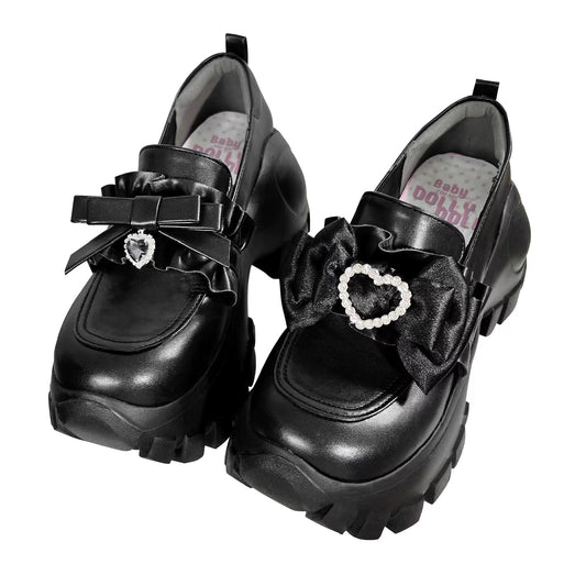 JK Uniform Pink Black Platform Shoes With Bow Ties 21892:331912