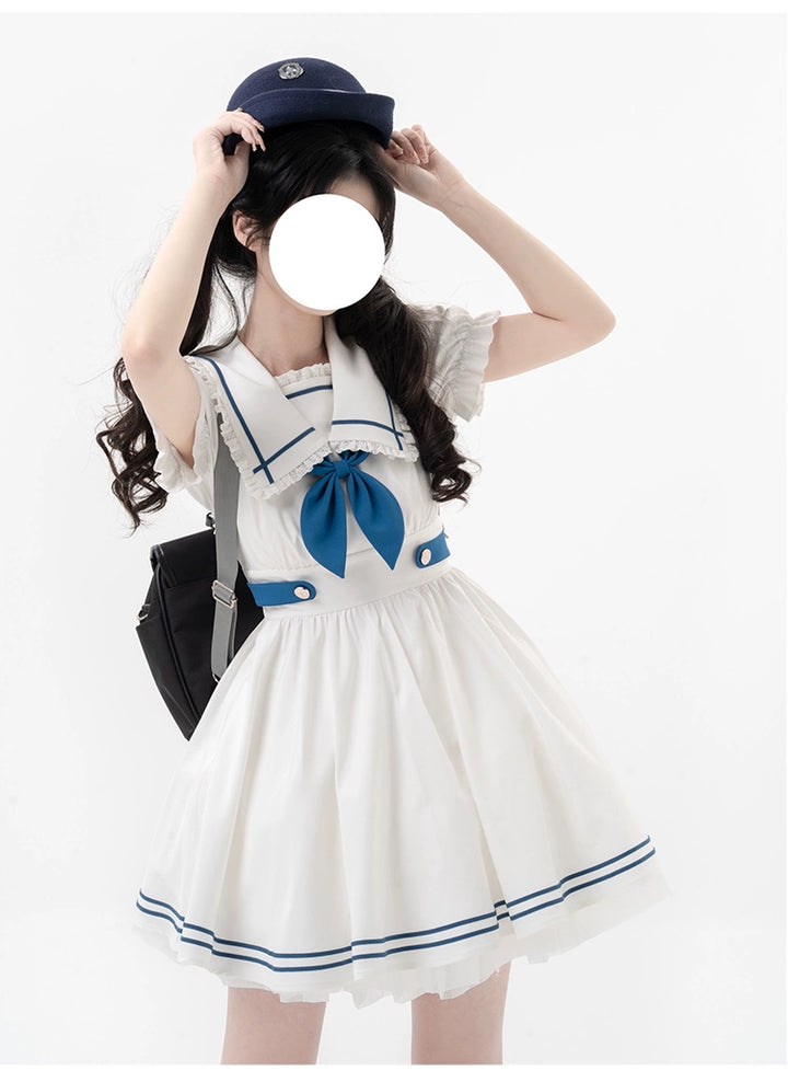 Preppy Dress Sailor Collar Dress White Short Sleeve Dress 36416:574324