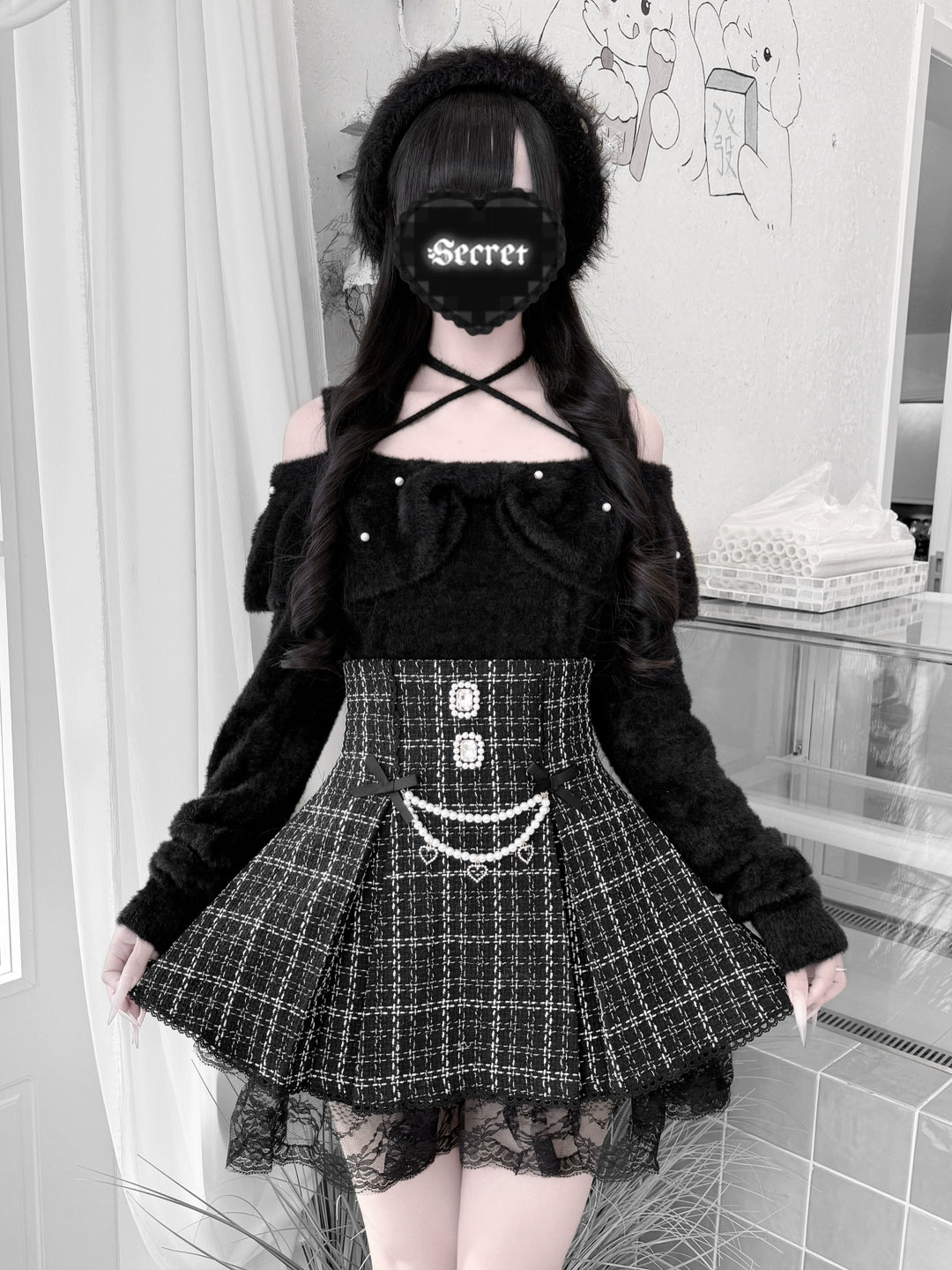 Jirai Kei Open-Shoulder Sweater, Faux Mink Plush 44156:797395