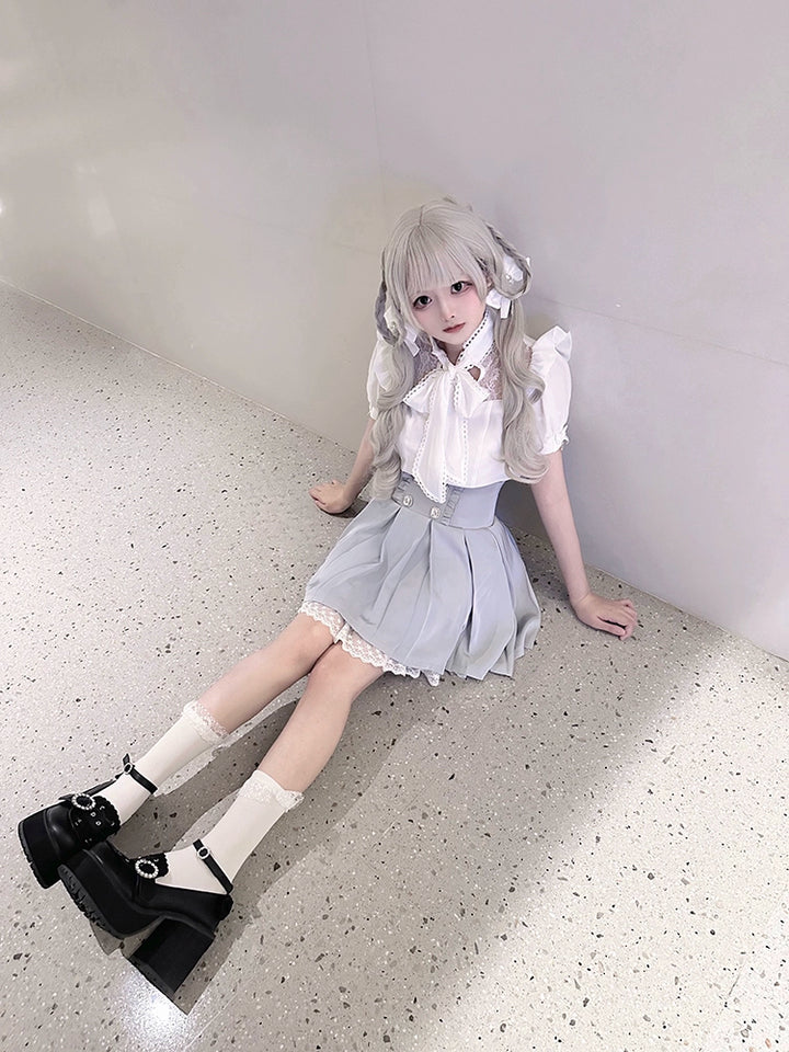White Jirai Kei Blouse with Ribbon & Blue Pleated Skirt With Elastic Band 42979:760039