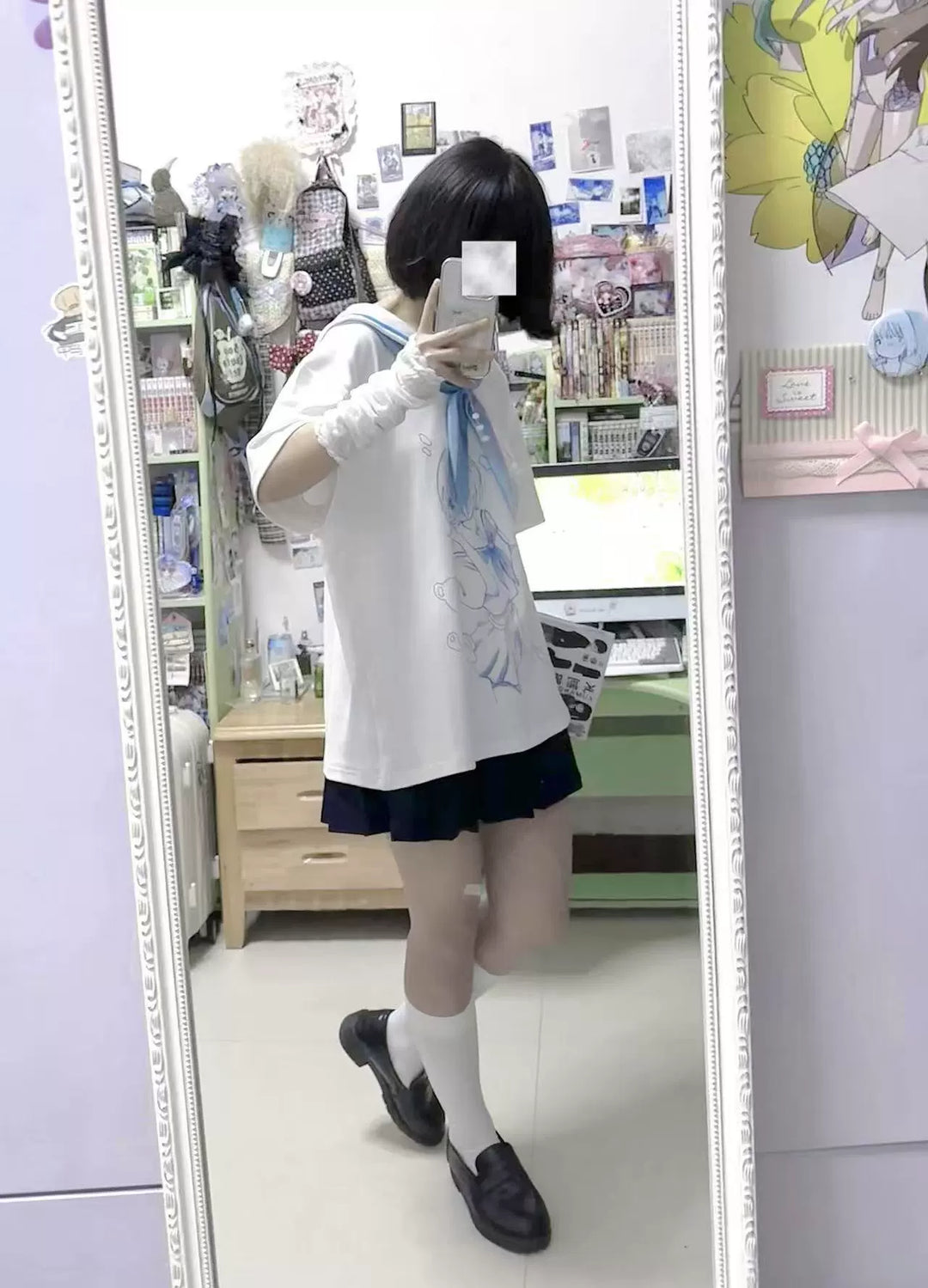 Cotton Tenshi Kaiwai Sailor Collar T-Shirt with Anime Girl Print 43094:765340