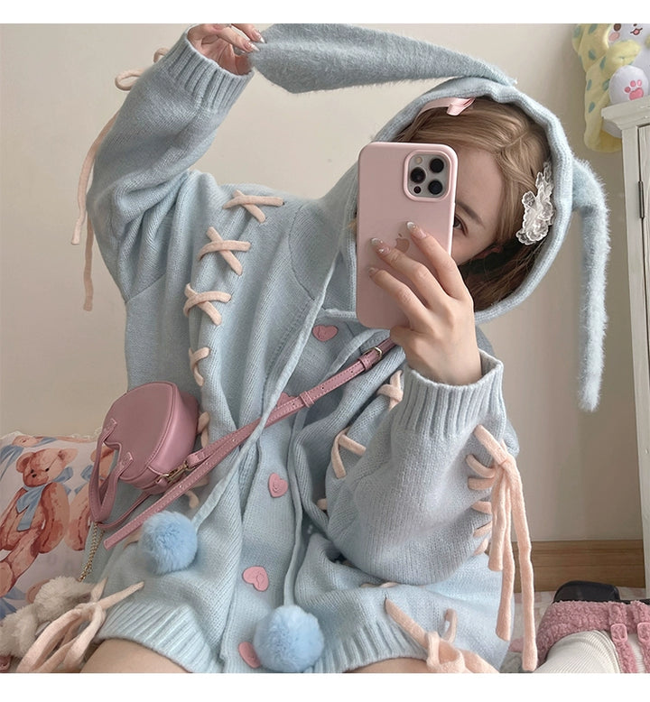 Kawaii White Pink Blue Cardigan Bunny Ears Sweater Coat 22658:345264 22658:345264