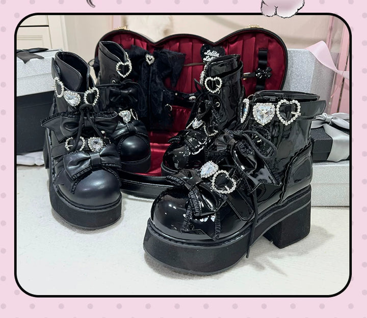 Jirai Kei Heeled Ankle Boots, Heart Rhinestone & Bows 45865:873147