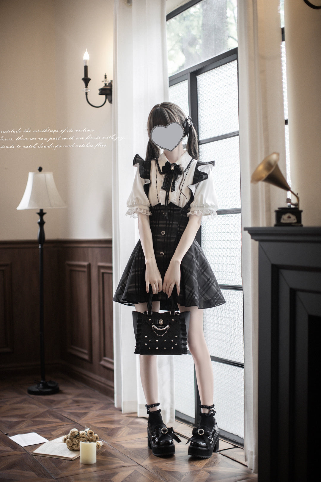 Black Jirai Kei Plaid Suspender Skirt Set with White Blouse 42918:760674
