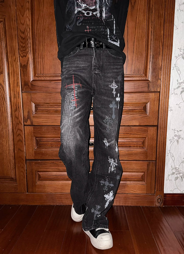 Punk Slight-flare Jeans, Varied Cross Prints 45698:859558