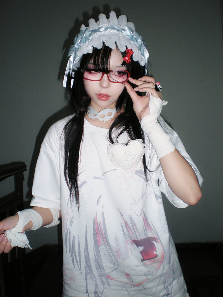 Jirai Kei Shirt Short Sleeve White shirt Anime Print Top 38000:579396