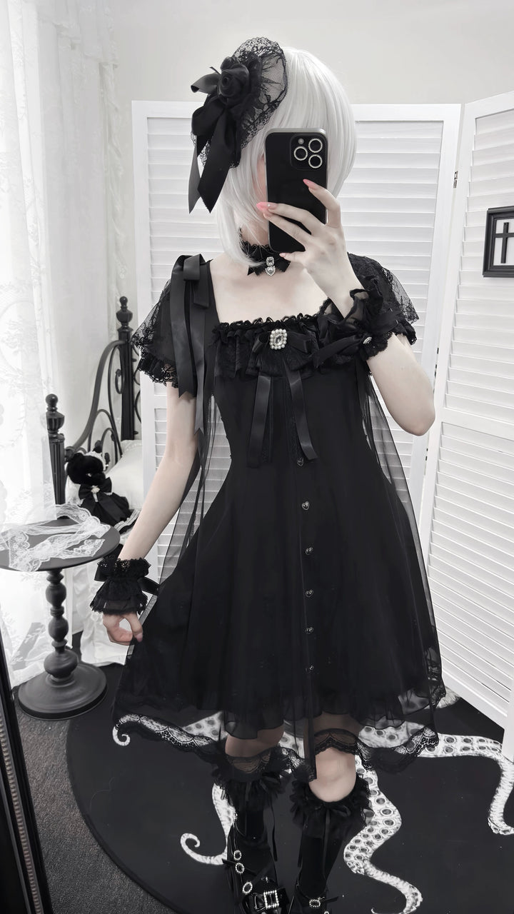 Jirai Kei Tulle Overlay Dress, Square Neckline 45558:855524