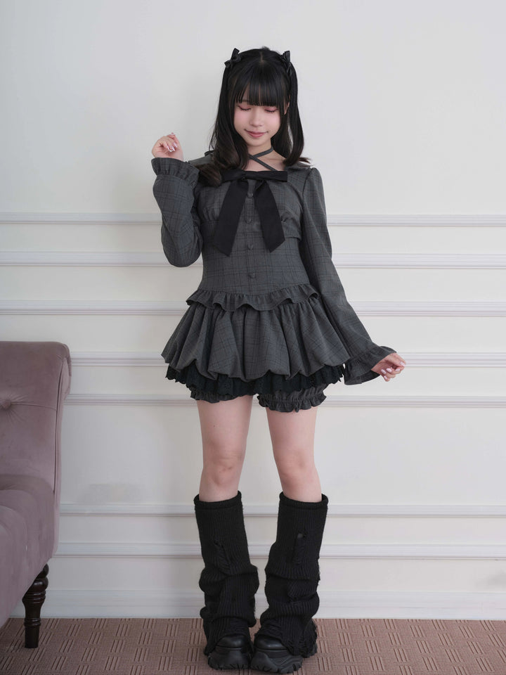 Ryousangata Plaid/Striped Dress & Shorts Set, Chest Big Bow 46031:873222