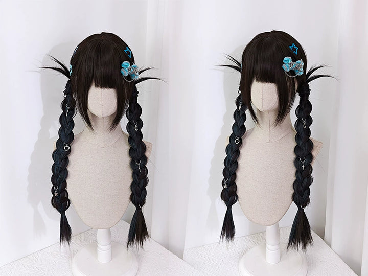 Jirai Kei Dark Brown Hidden Highlight Dyeing Haze Blue Wigs 22050:325260