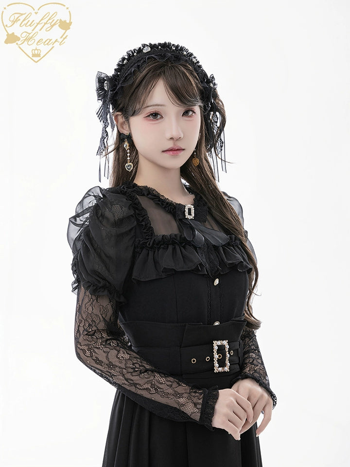 Lace-sleeves Jirai Kei Blouse & Voile Skirt With Detachable Belt (2XL L M S XL) 42954:758905