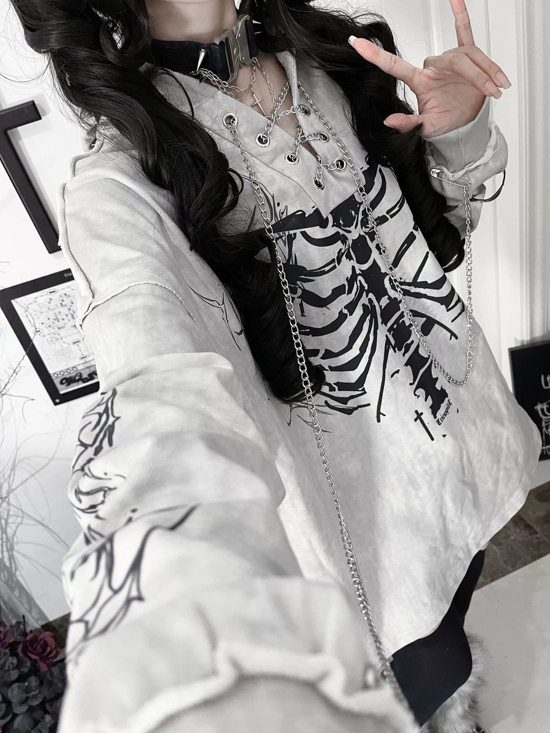 Ribcage Printed Subculture Hoodie, Ear-Accent Hood 44564:815243