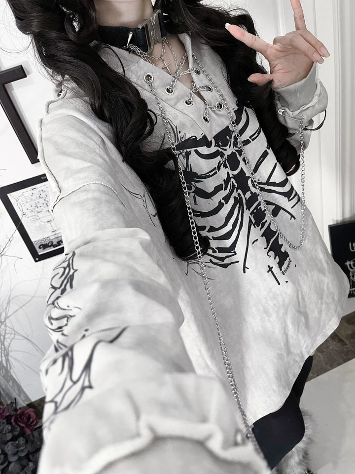 Ribcage Printed Subculture Hoodie, Ear-Accent Hood 44564:815243