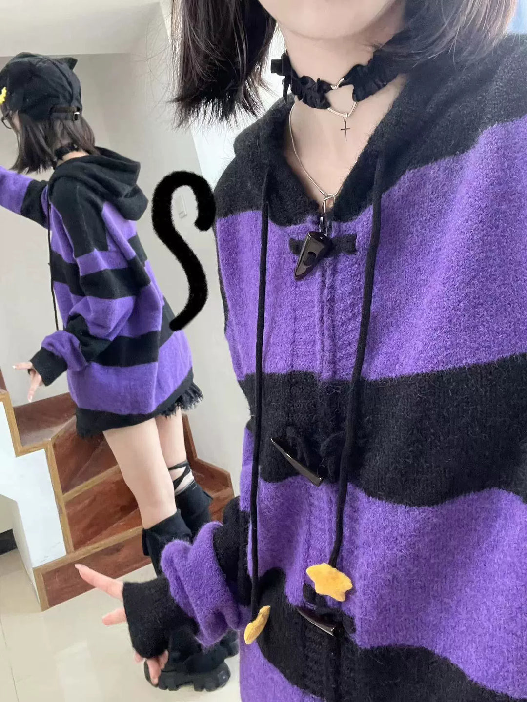 Plus Size Kawaii Coat Cat Ear Hood Sweater Knitted Cardigan 39702:636870