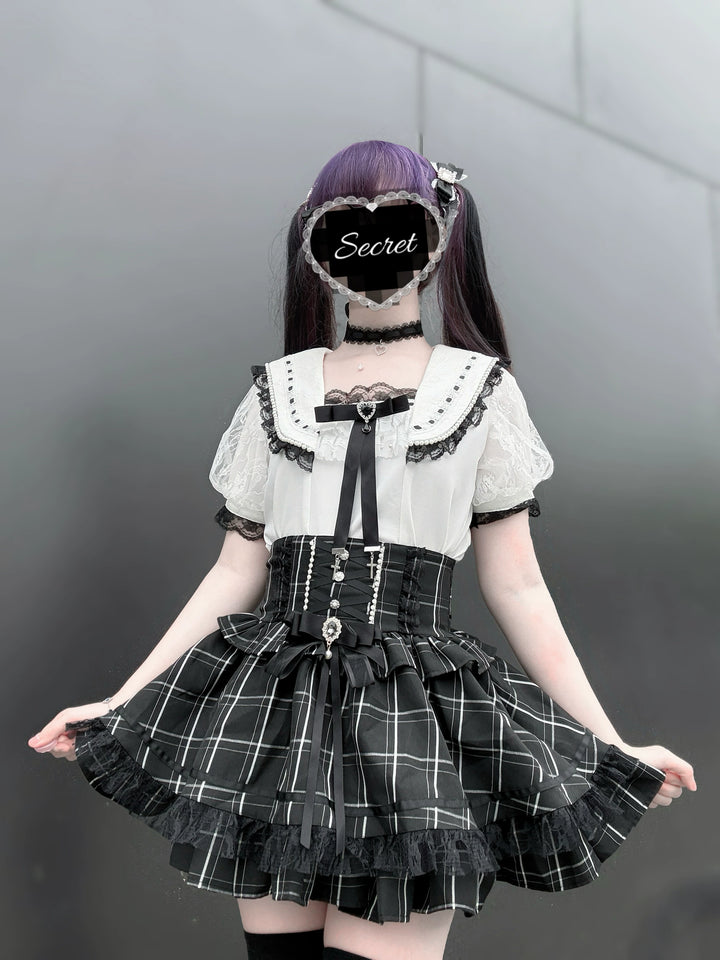 Jirai Kei Sailor Collar Blouse, Lace Puff Sleeves 45648:857944