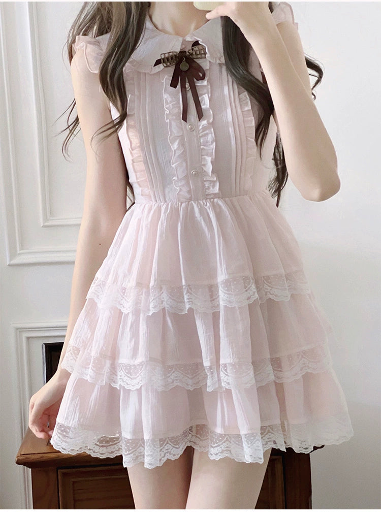 Sweet Style Lace Trim Dress, Tiered Ruffles (L M S XL) 43546:779202