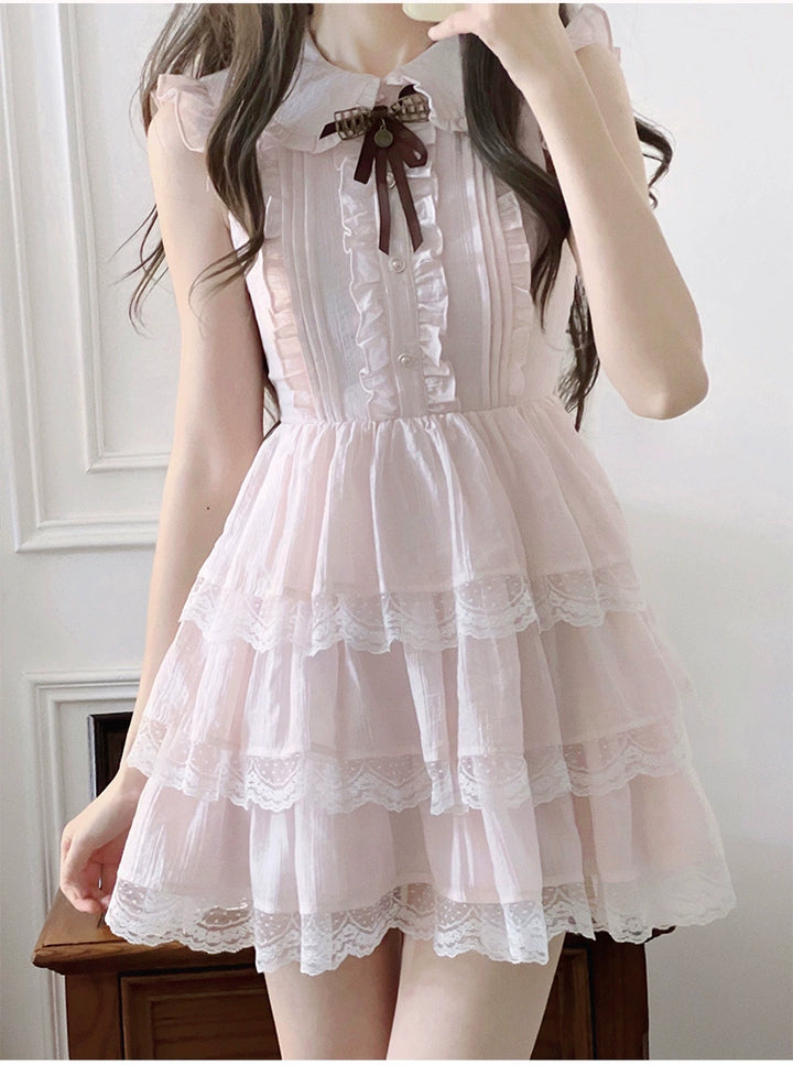 Sweet Style Lace Trim Dress, Tiered Ruffles (L M S XL) 43546:779202