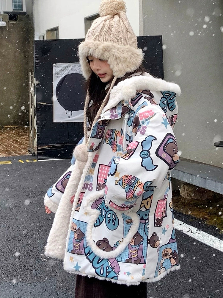 Kawaii Winter Coat Thickened Print Reversible Hooded Coat 39796:640896