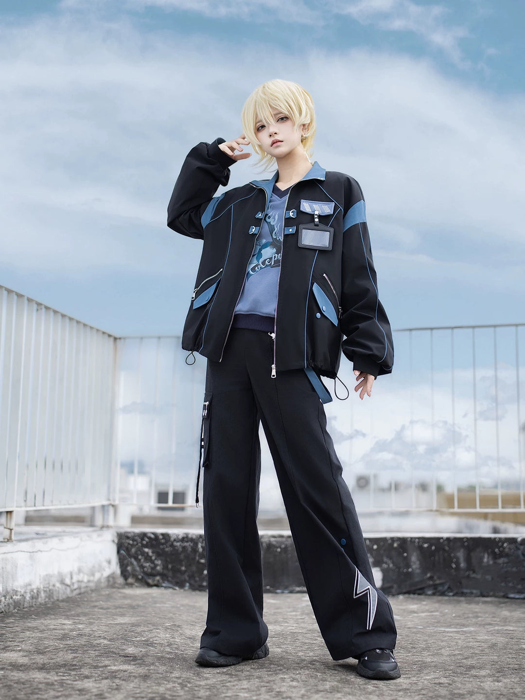 Techwear Cargo Pants & Jacket Set, Volt Cat Print 45822:863866