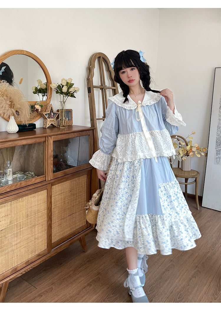 Mori Kei Skirt Patchwork Floral Skirt High Waist Cotton Skirt 36558:531130