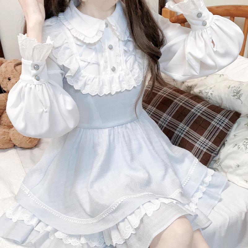 Elegent Dress Blue White Long-sleeved Dress Daily Wear 42241:733437