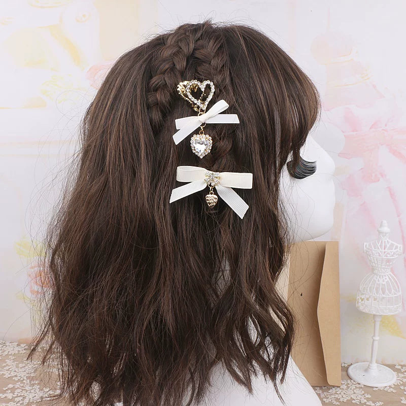 Jirai Kei Hair Clip, Rhinestone Bow & Heart Pendant 45071:834165