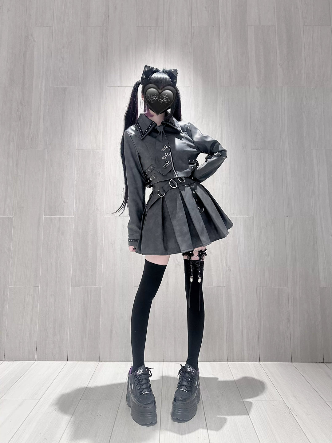 Punk Style PU Jacket, Pleated Skirt 44568:816022