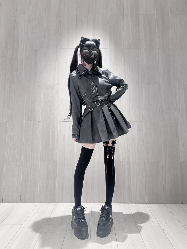 Punk Style PU Jacket, Pleated Skirt 44568:816022