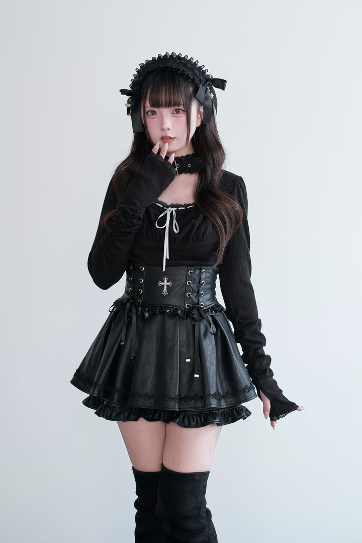 Jirai Kei Choker Top, High-Waisted Leather Skort 44327:805444
