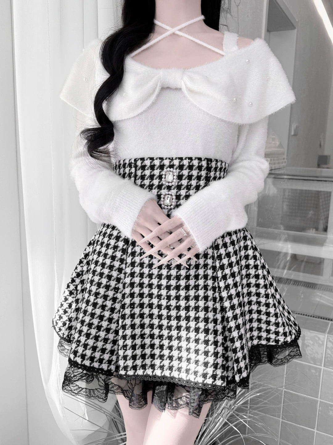 Jirai Kei Open-Shoulder Sweater, Faux Mink Plush 44156:797413