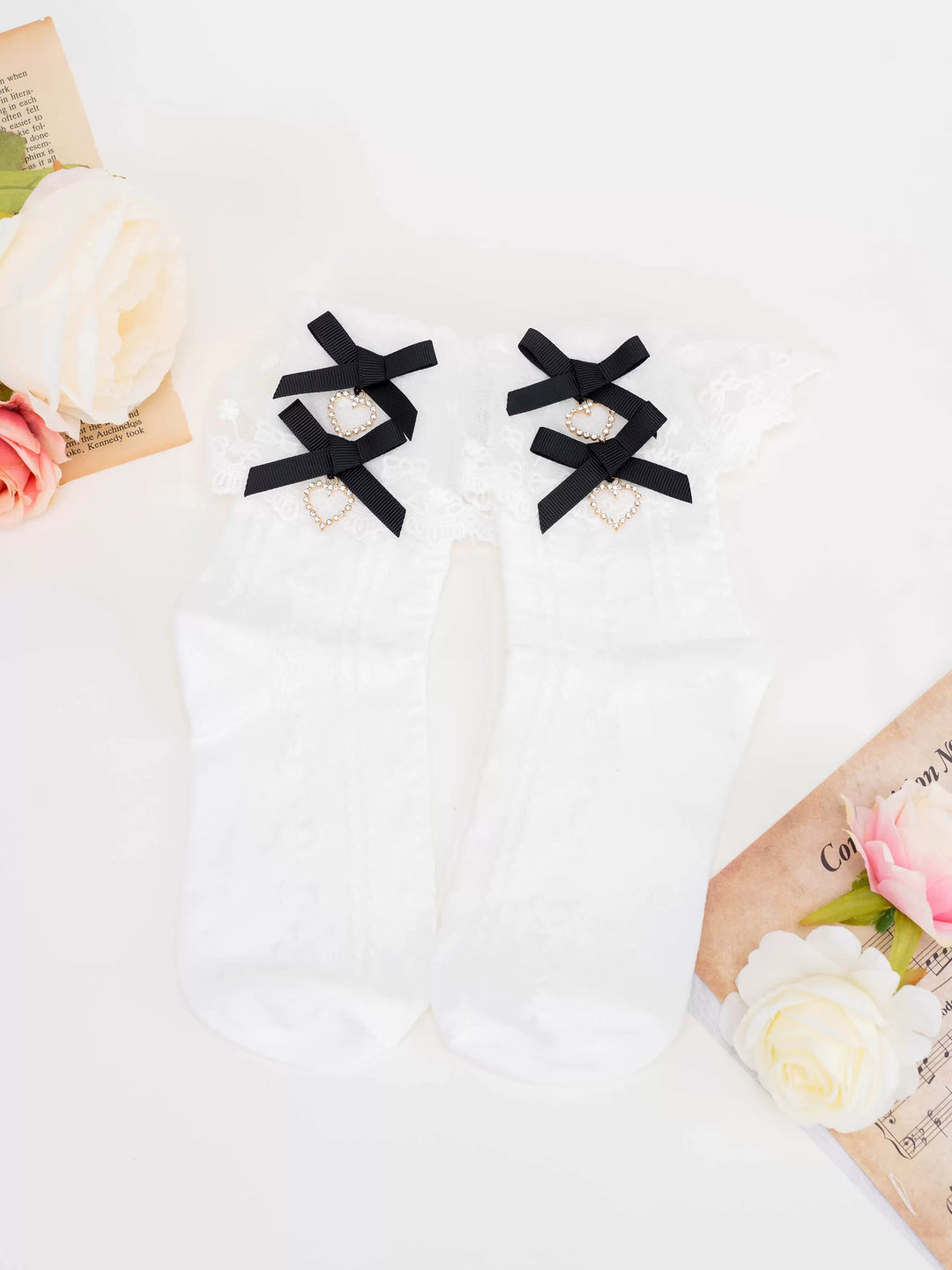 Sweet Kawaii Heart Lace Mid-Calf Socks 21594:564552 21594:564552