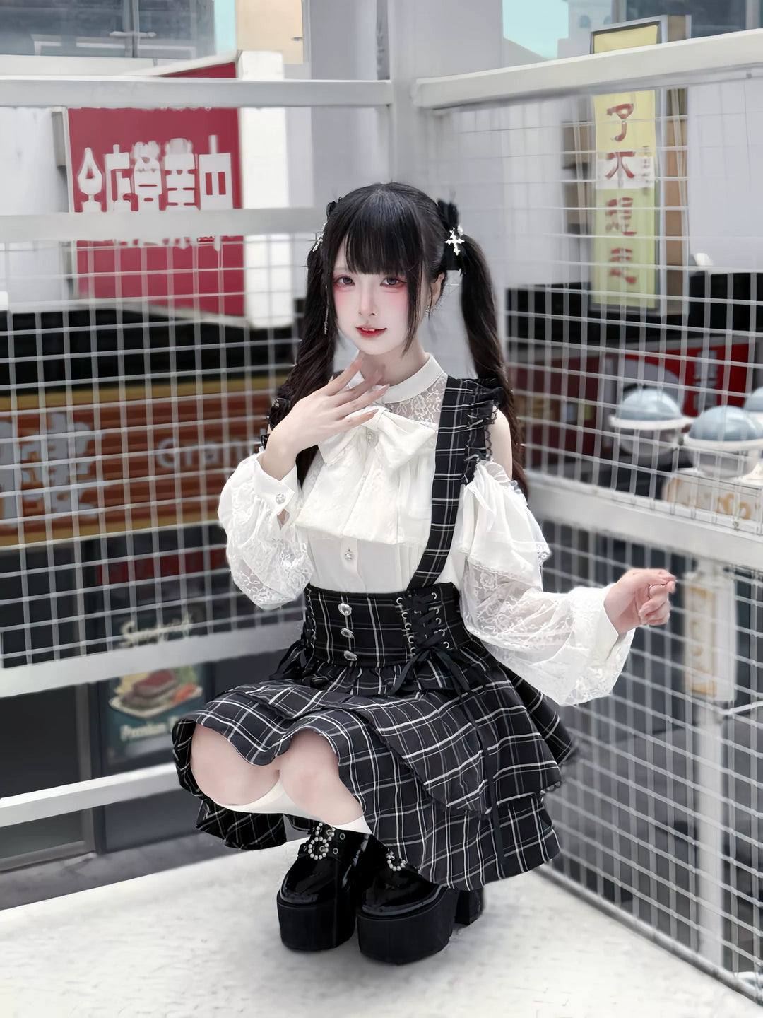 Open-shoulder Ryousangata Blouse, Sheer Lace Sleeves 44165:801615