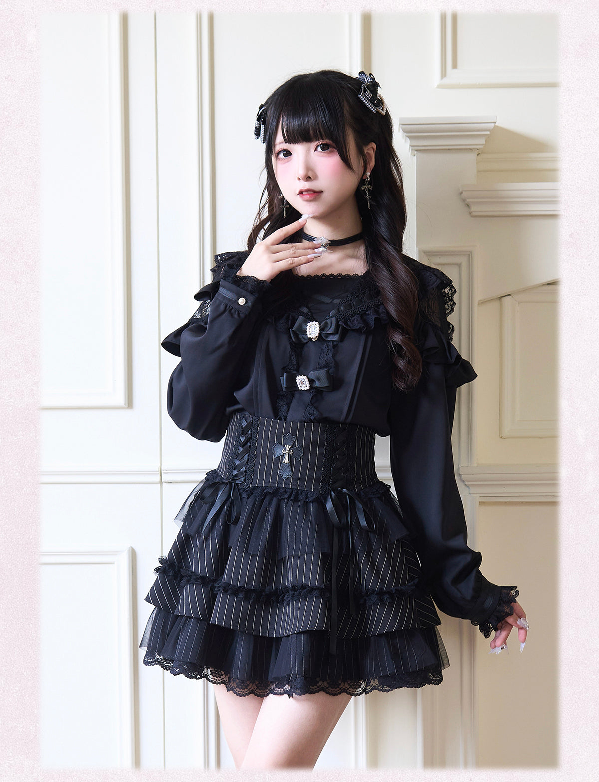 Sailor Collar Jirai Kei Blouse with Tulle Shoulder and Lace Frill