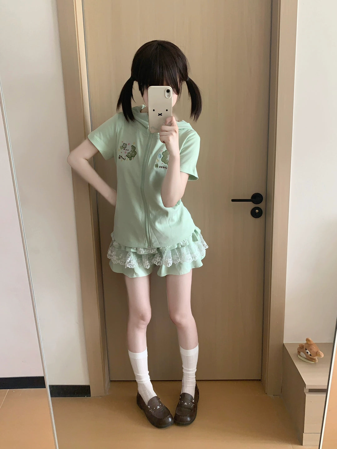 Bunny Eared Kawaii Outfit, Zip-Up Sweatshirt + Lace Skirt 43558:779757