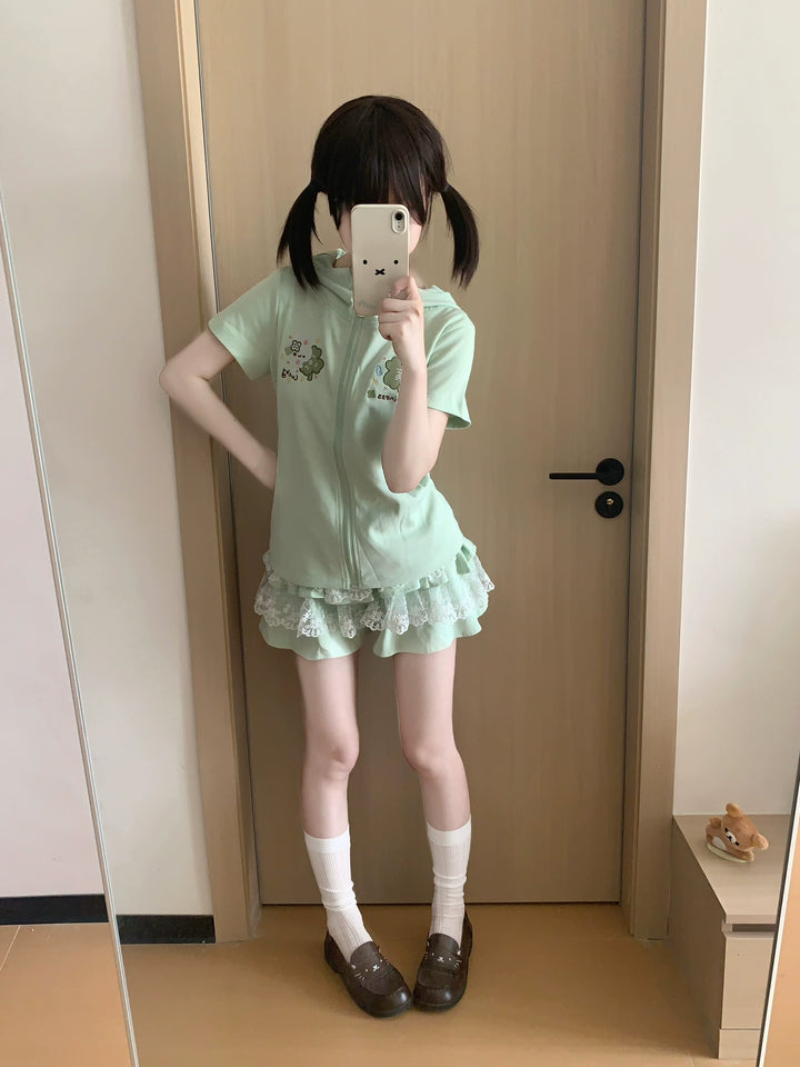 Bunny Eared Kawaii Outfit, Zip-Up Sweatshirt + Lace Skirt 43558:779757