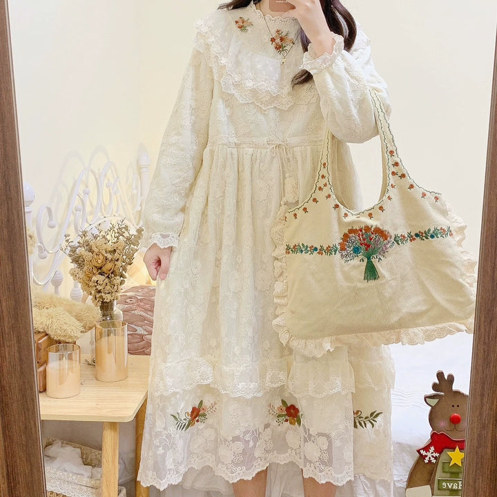 Mori Kei Dress Embroidered Lace Long Sleeve Apricot Dress 39438:640594