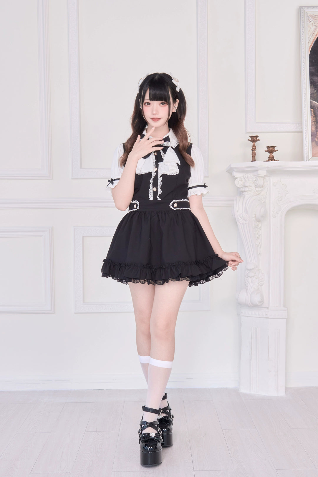 Striped / Solid Jirai Kei Dress, Elastic Shorts 43533:779066