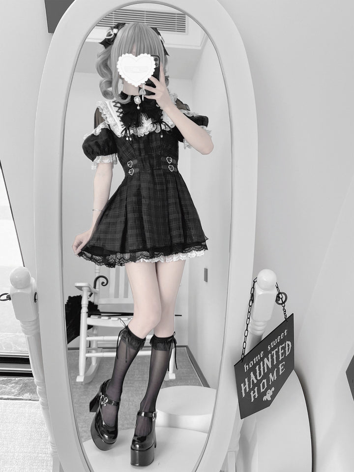 Off-Shoulder Jirai Kei Dress Set with Bow Tie & Safety Shorts 42705:761439
