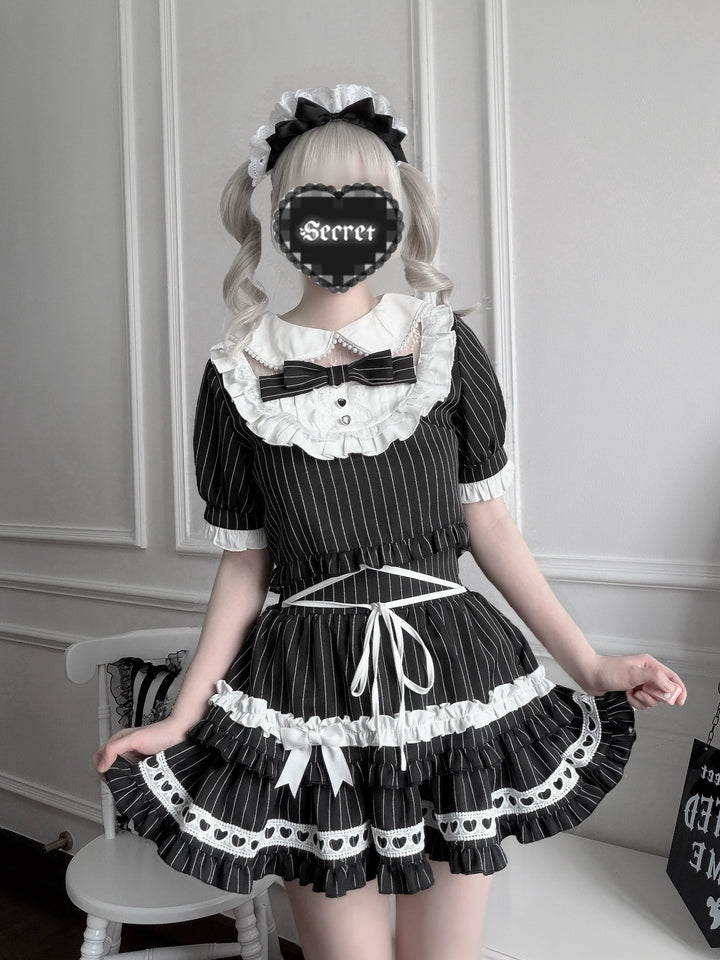 Jirai Kei Striped Blouse and Skirt Set, Pearl-trimmed Collar 45333:848637