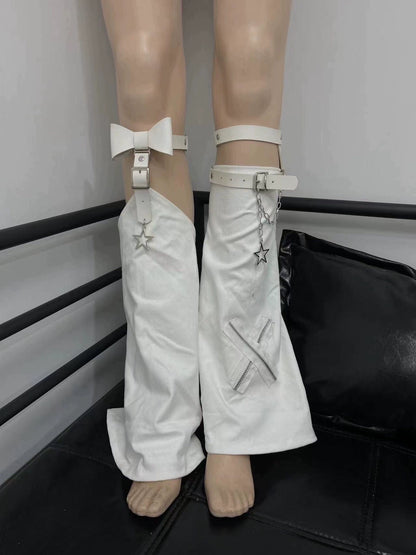Y2K Leg Cover Cross Chain Leather Buckle Leg Warmer (White) 36510:516282
